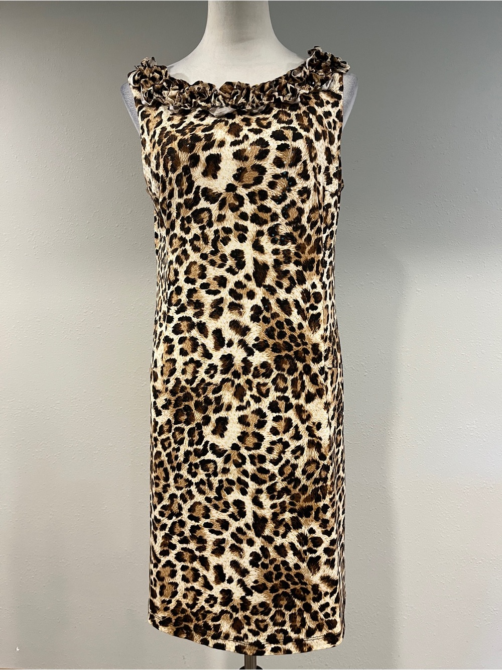 MSK Vintage Leopard Print Ruffle-Neck knee length Dress size large
